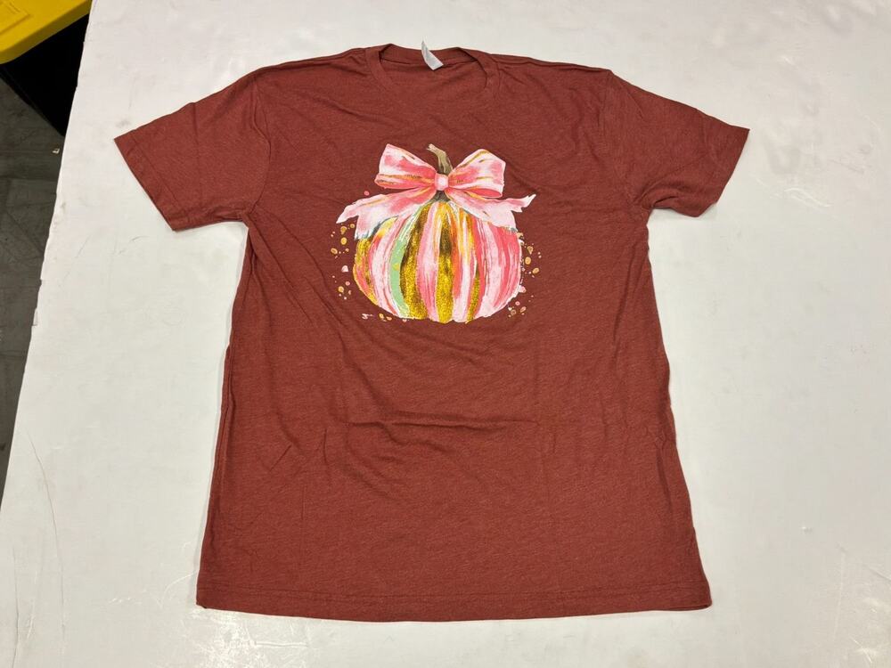 Love In Faith Pumpkin Bow Tee Size L Heather Clay Fall Short Sleeve T-Shirt